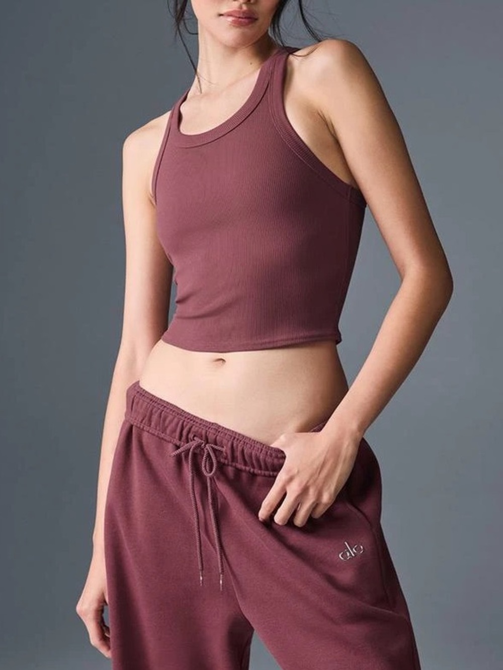 Alo Yoga Goddess Ribbed Go-To Tank in Burgundy Truffle